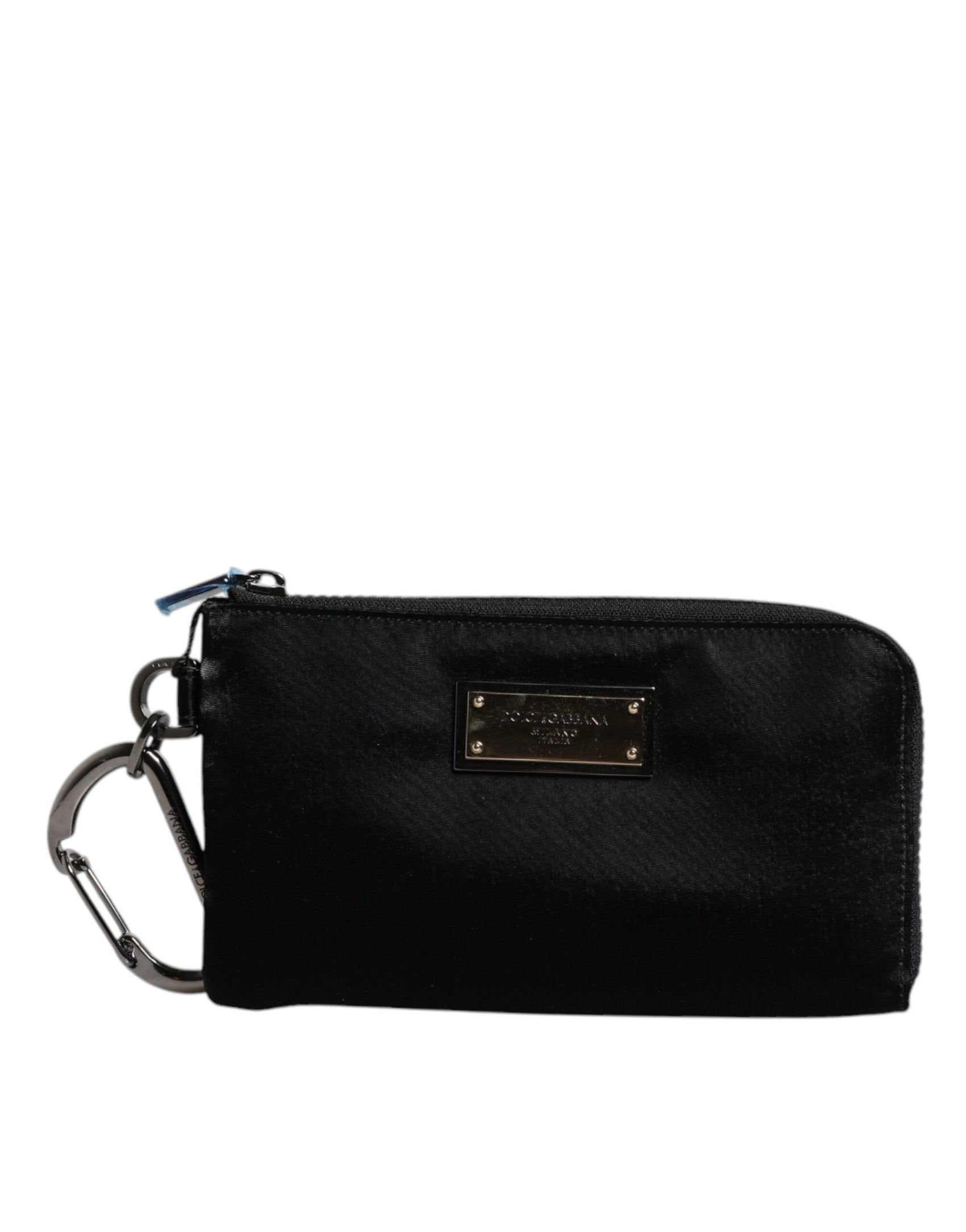 Schwarze Clutch aus Nylon mit Logo-Schild und Schlüsselring