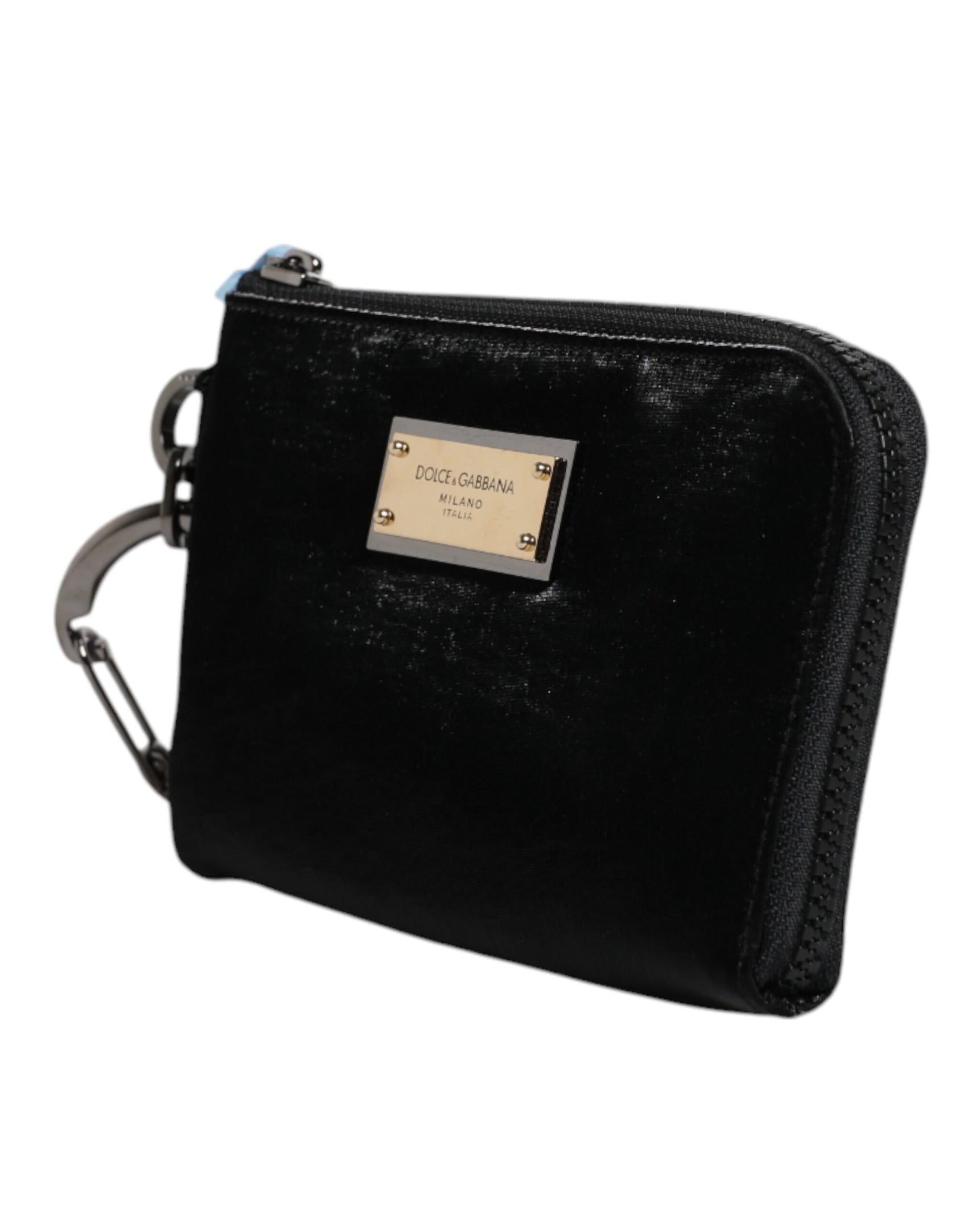 Schwarze Clutch aus Nylon mit Logo-Schild und Schlüsselring