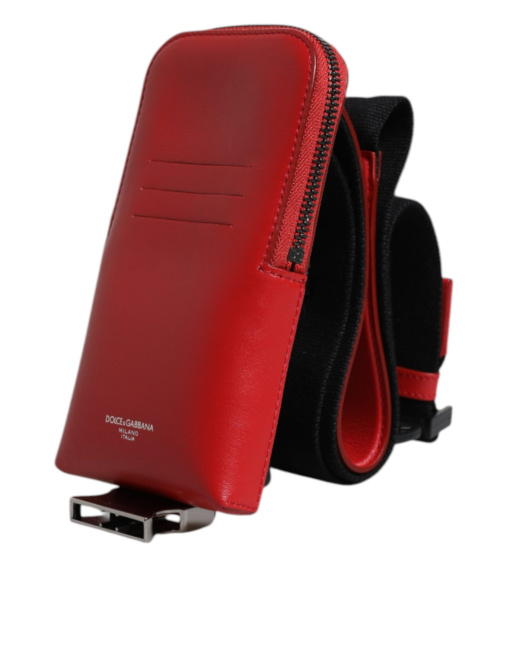 Rotes Kartenetui aus Leder mit Logo, Rundum-Reißverschluss und breitem Riemen (Kopie)