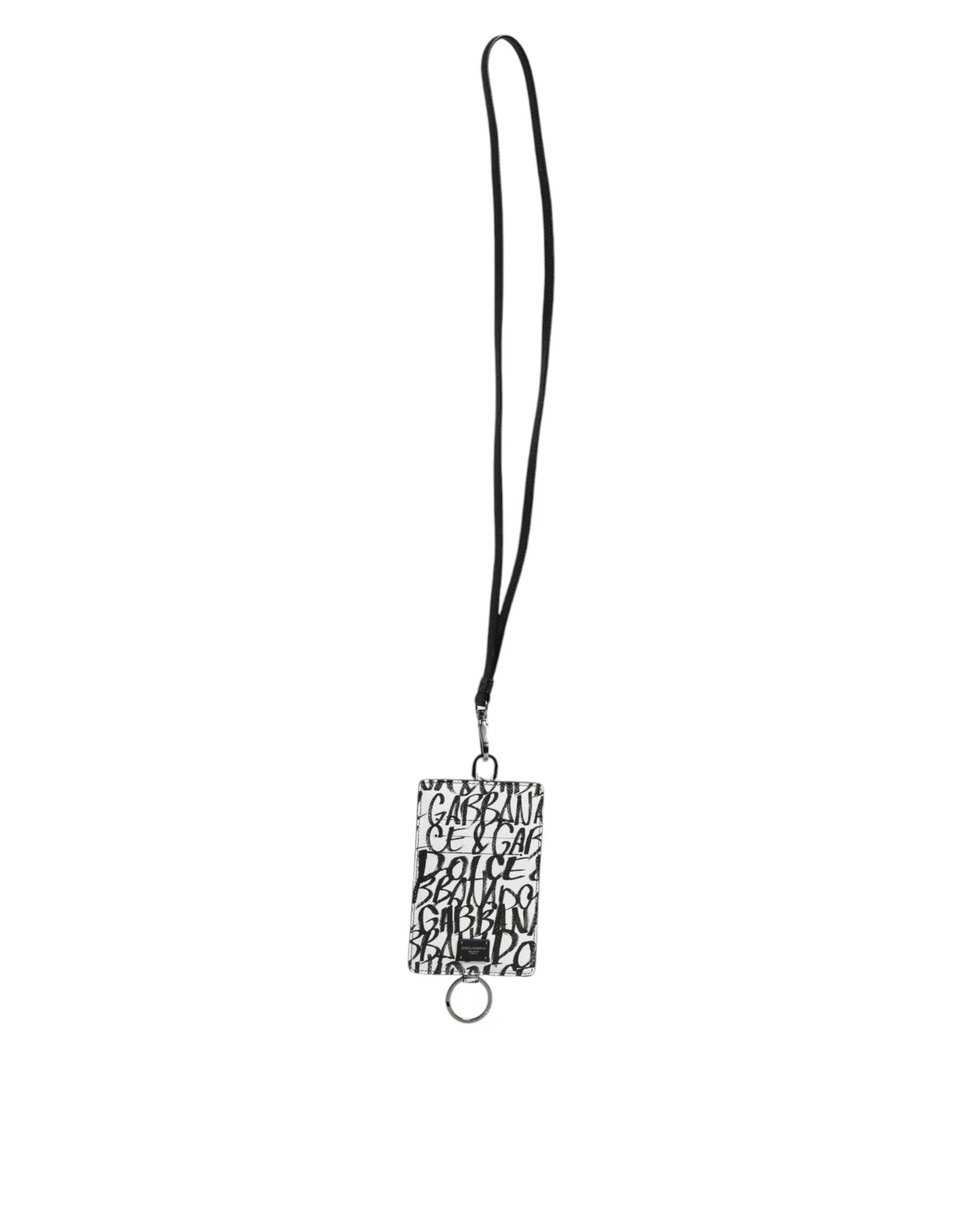 Weißes Kartenetui aus Leder mit Lanyard und Logo-Print