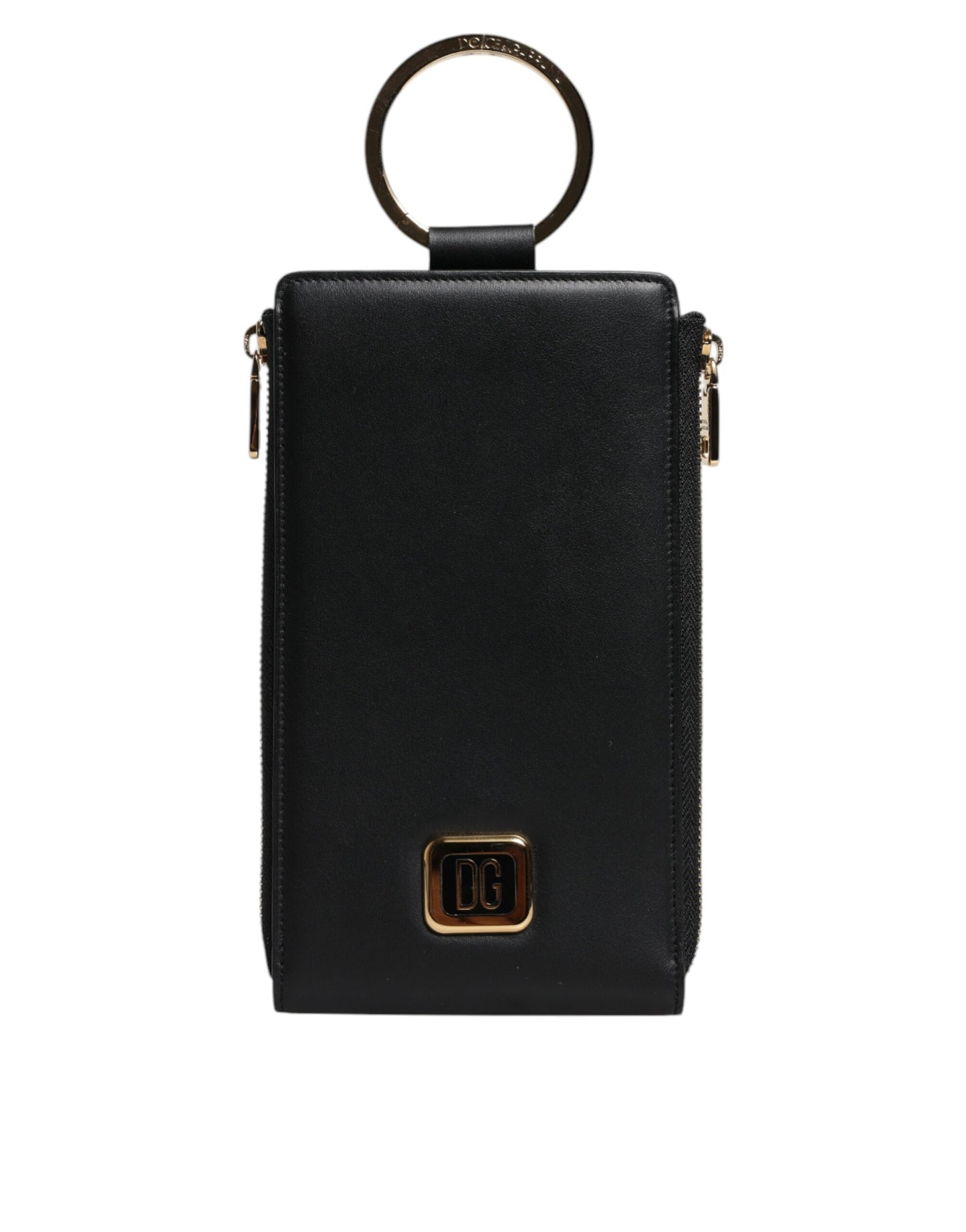 Portafoglio porta carte e monete con tracolla e placca con logo in pelle nera