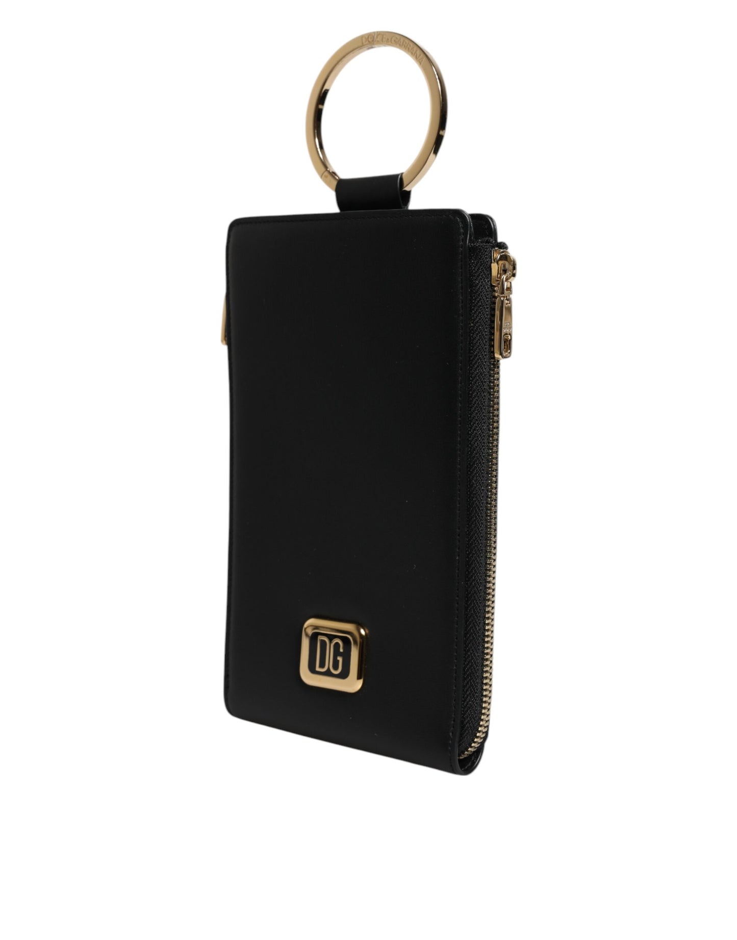 Portafoglio porta carte e monete con tracolla e placca con logo in pelle nera
