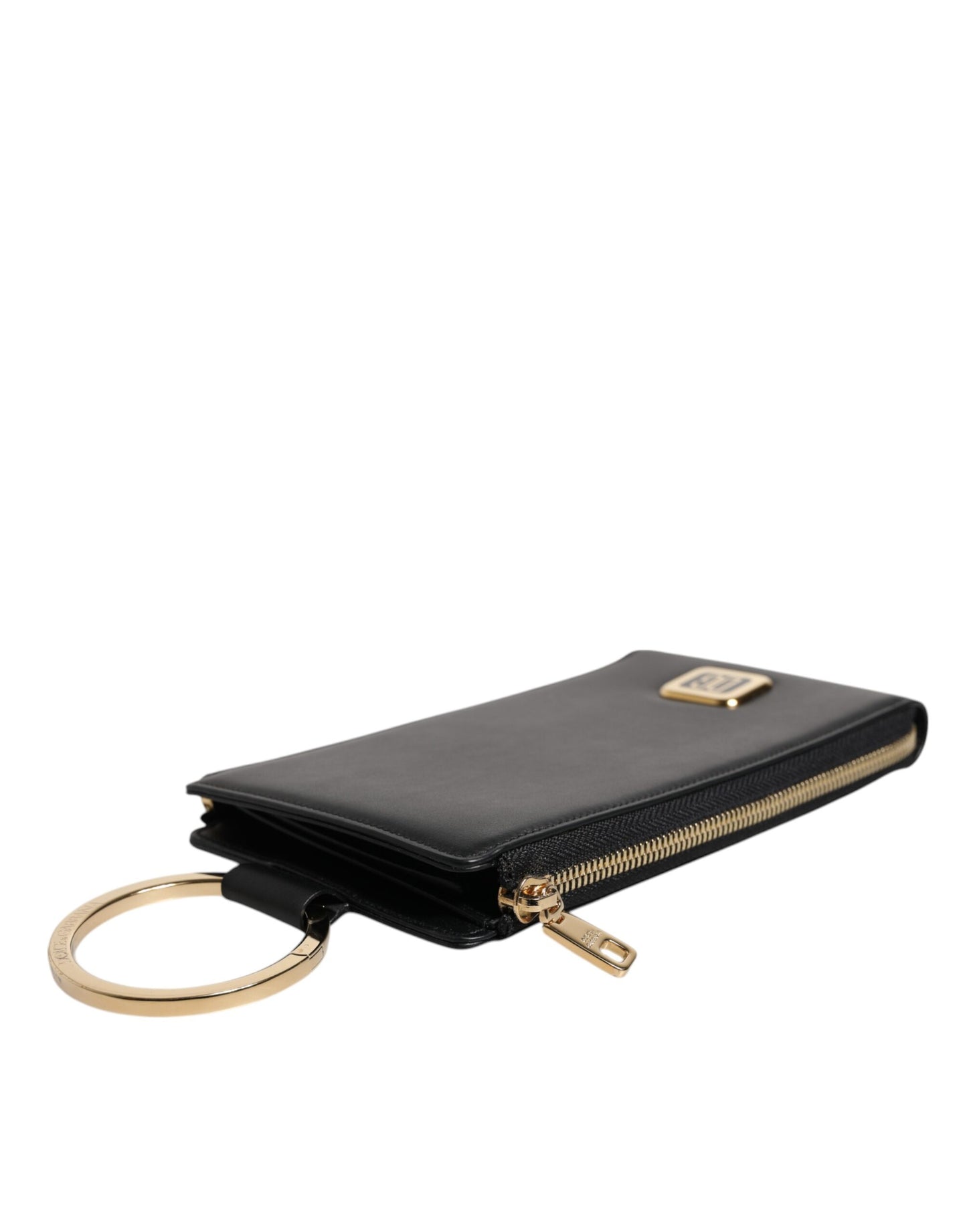 Portafoglio porta carte e monete con tracolla e placca con logo in pelle nera