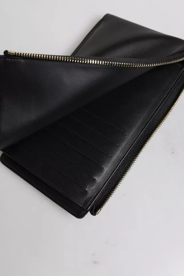 Portafoglio porta carte e monete con tracolla e placca con logo in pelle nera