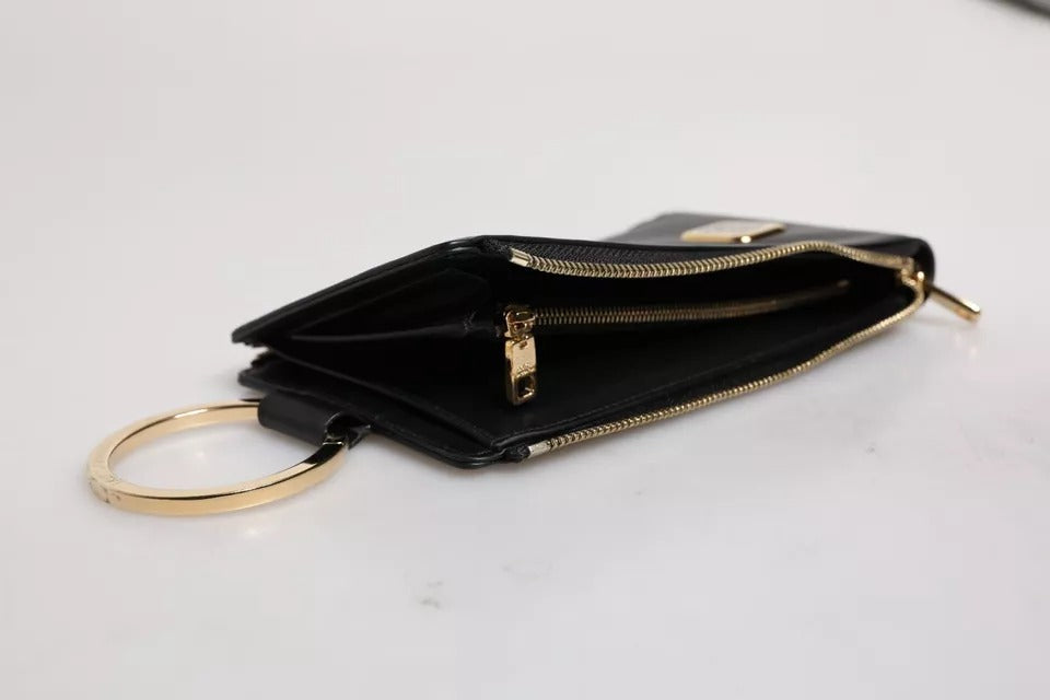 Portafoglio porta carte e monete con tracolla e placca con logo in pelle nera