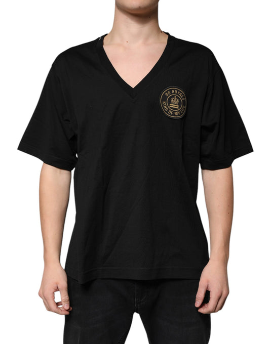Schwarzes, kurzärmliges T-Shirt aus Baumwolle mit V-Ausschnitt und Logo