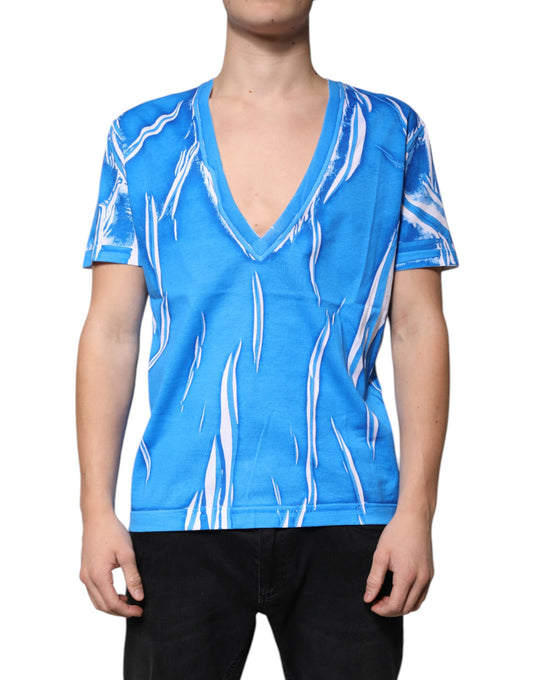 Blaues T-Shirt aus Baumwolle mit V-Ausschnitt und kurzen Ärmeln