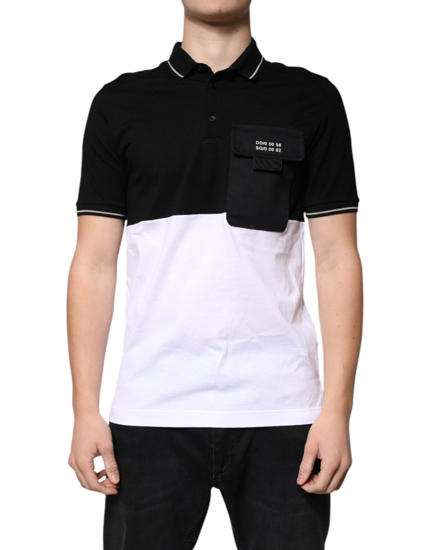 Schwarz-weißes Polo-T-Shirt aus Baumwolle mit kurzen Ärmeln