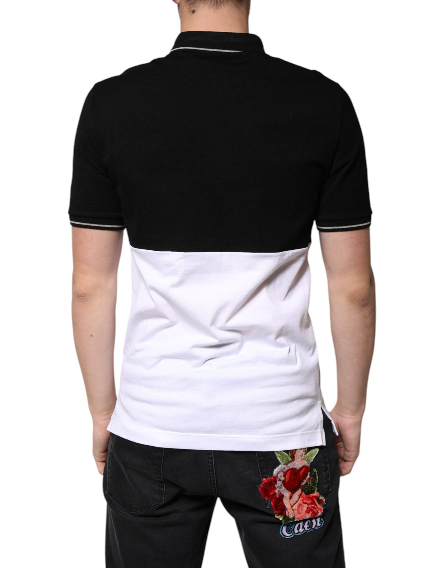 Schwarz-weißes Polo-T-Shirt aus Baumwolle mit kurzen Ärmeln