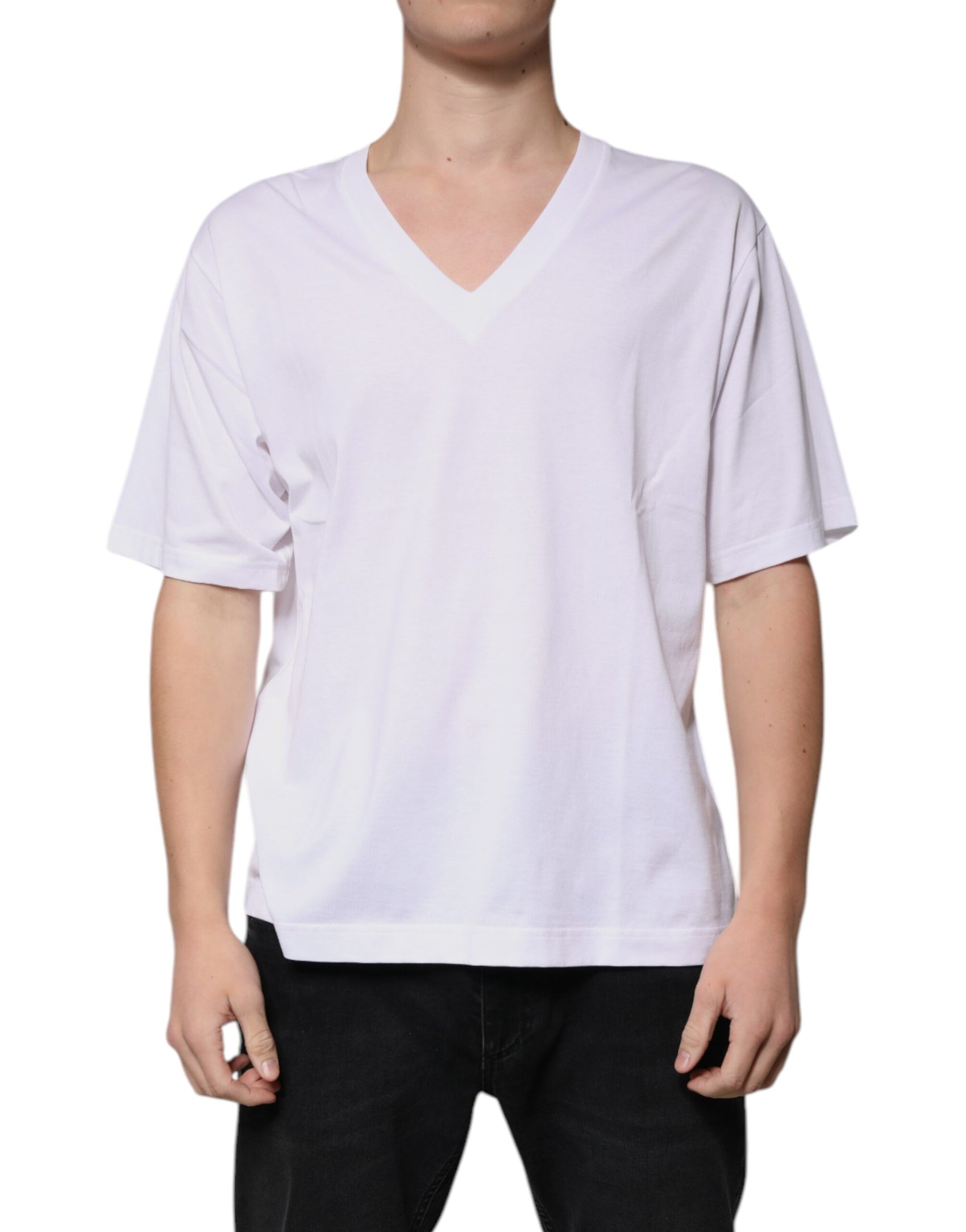 Weißes T-Shirt aus Baumwolle mit V-Ausschnitt und kurzen Ärmeln