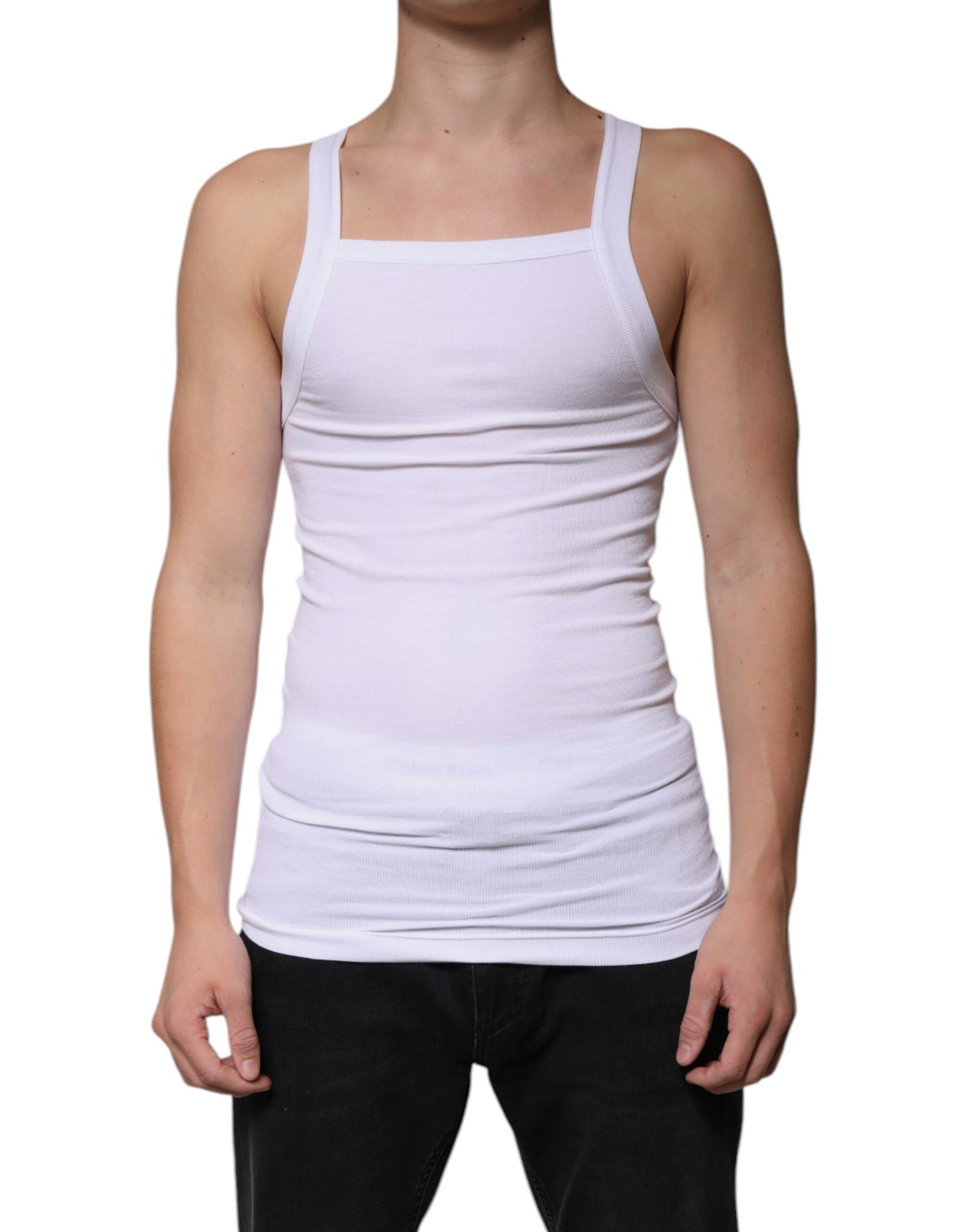 Weißes ärmelloses Tank-T-Shirt aus Baumwolle mit quadratischem Ausschnitt