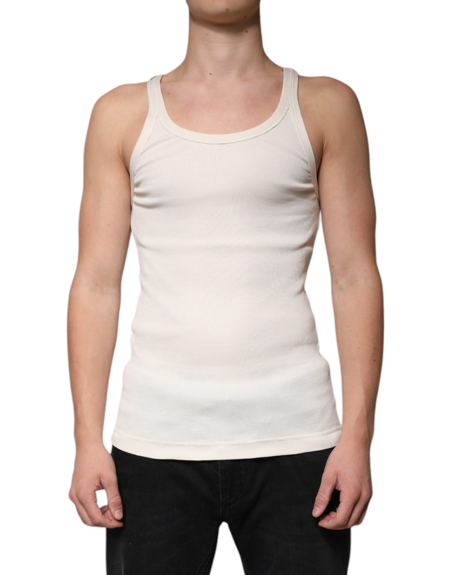 T-shirt girocollo senza maniche in cotone bianco sporco