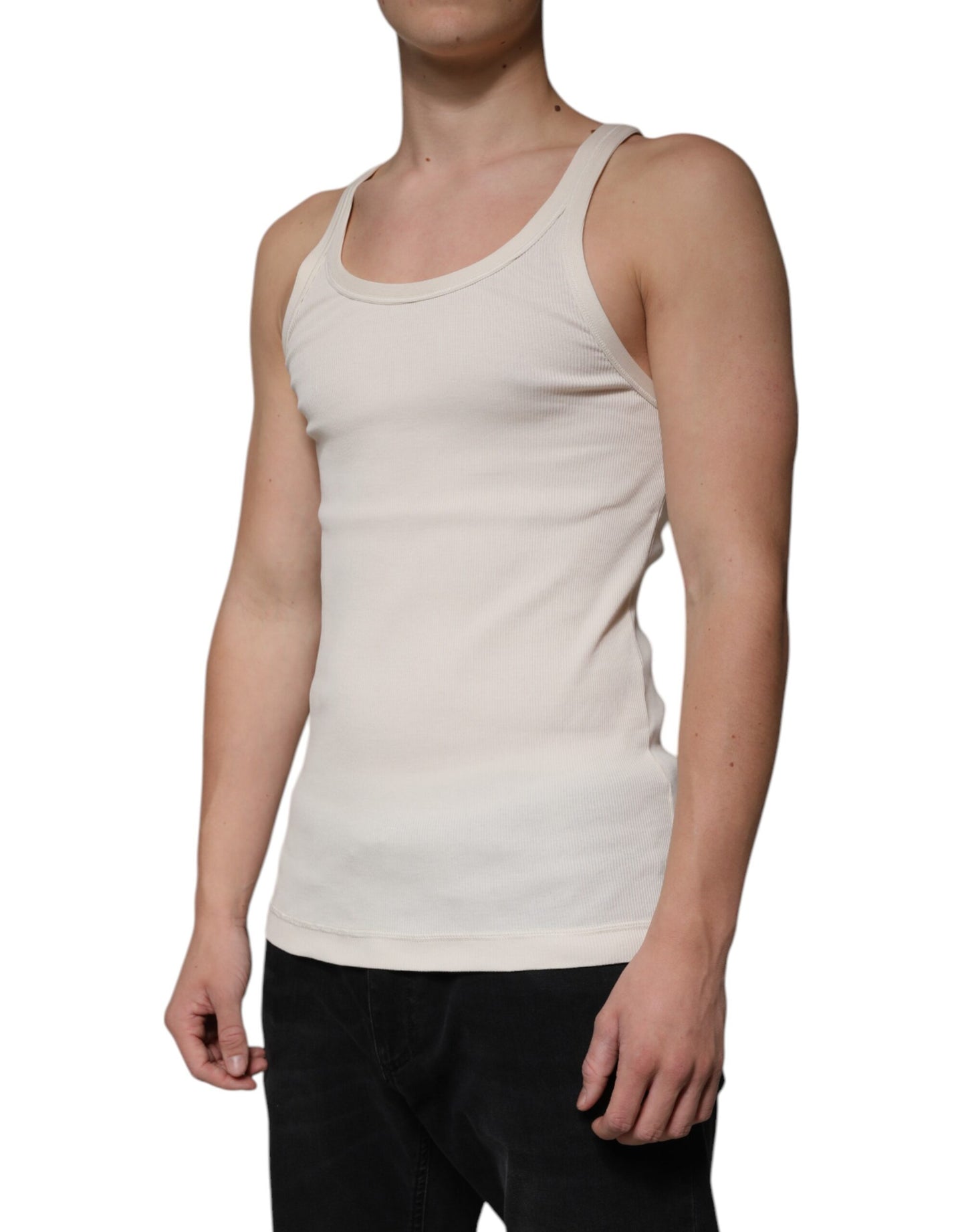 T-shirt girocollo senza maniche in cotone bianco sporco