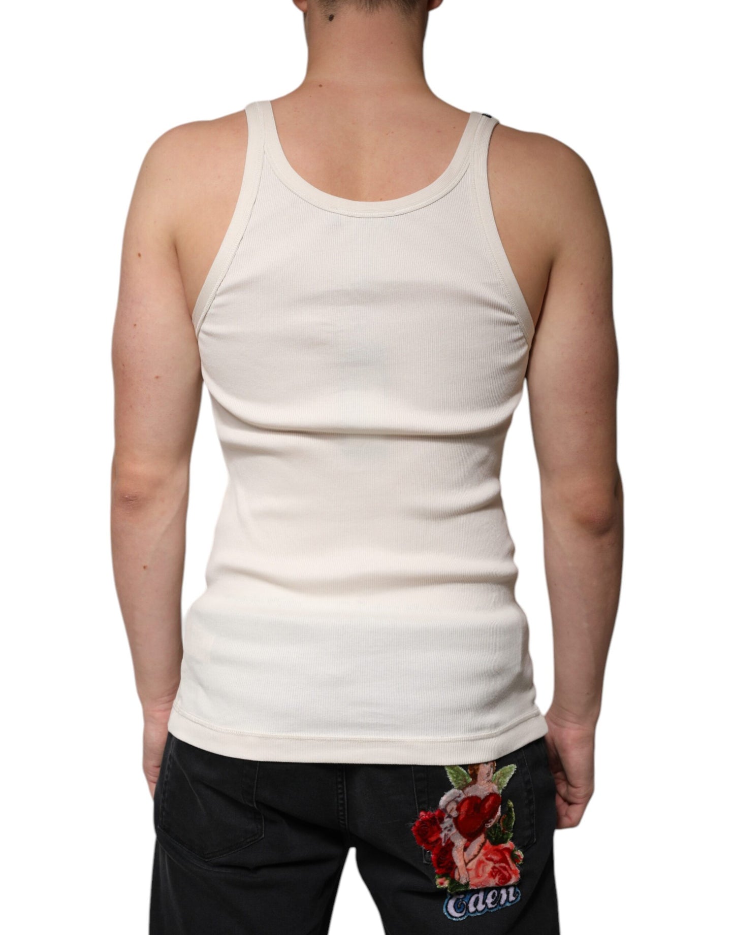 T-shirt girocollo senza maniche in cotone bianco sporco