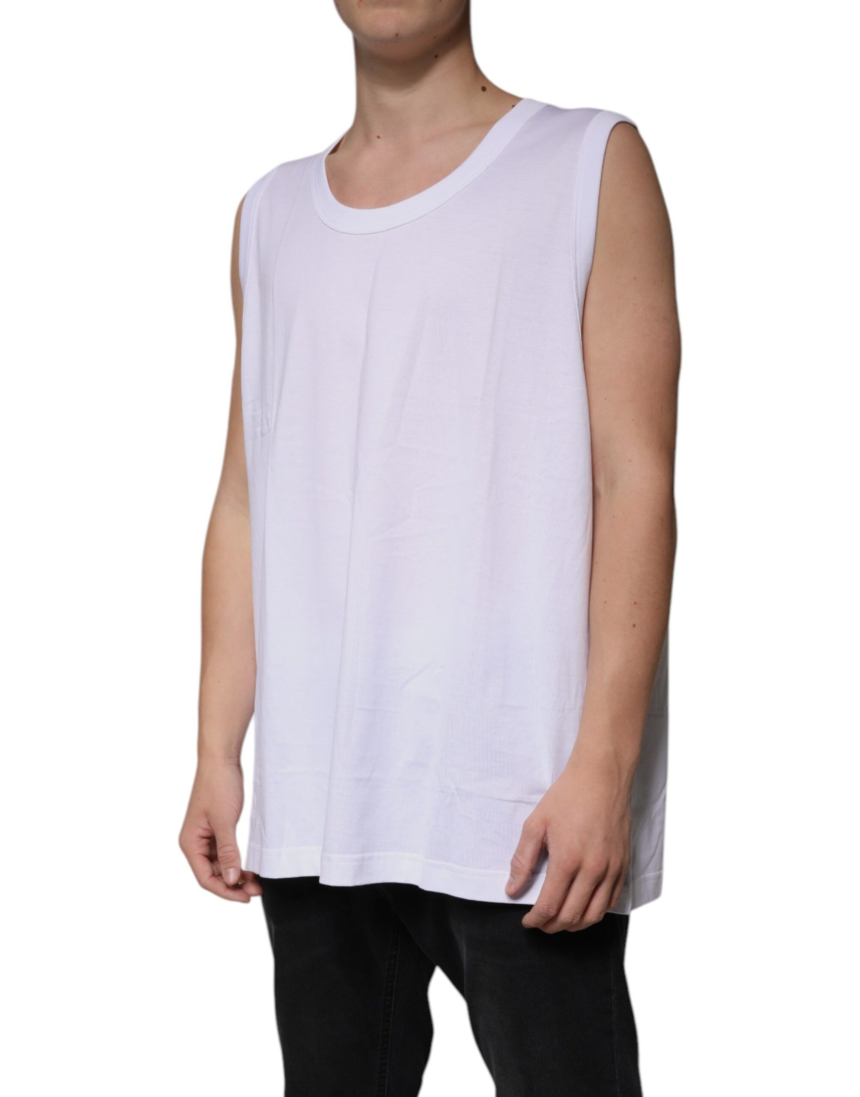 Weißes ärmelloses Tank-T-Shirt aus Baumwolle mit Rundhalsausschnitt