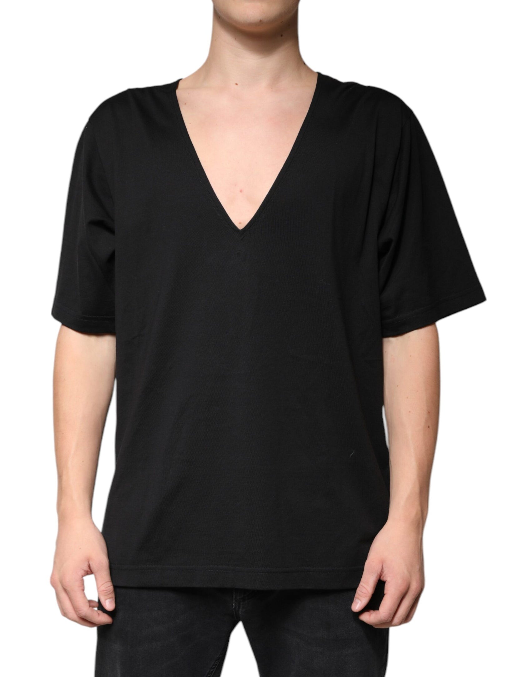 Schwarzes T-Shirt aus Baumwolle mit V-Ausschnitt und kurzen Ärmeln