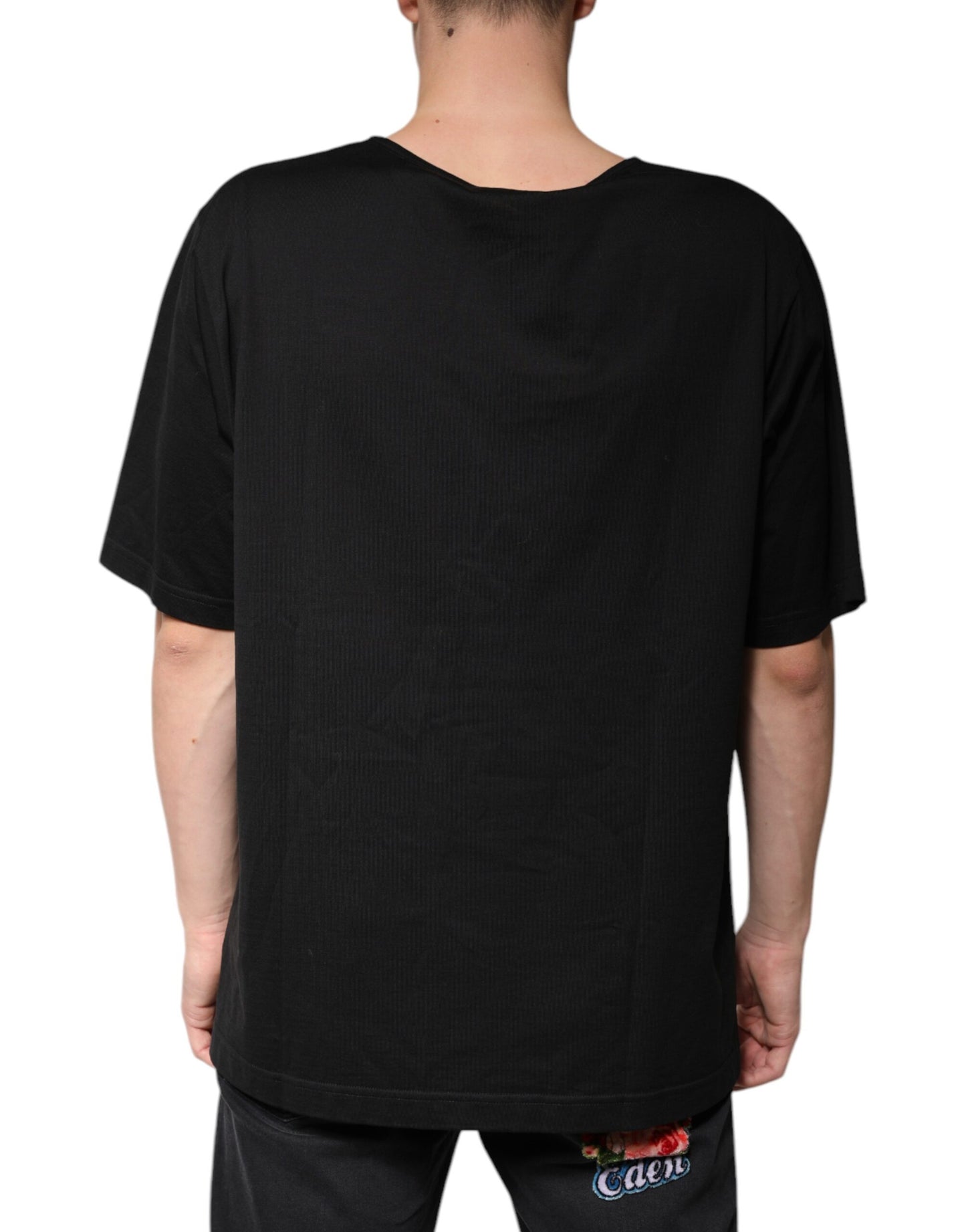 Schwarzes T-Shirt aus Baumwolle mit V-Ausschnitt und kurzen Ärmeln