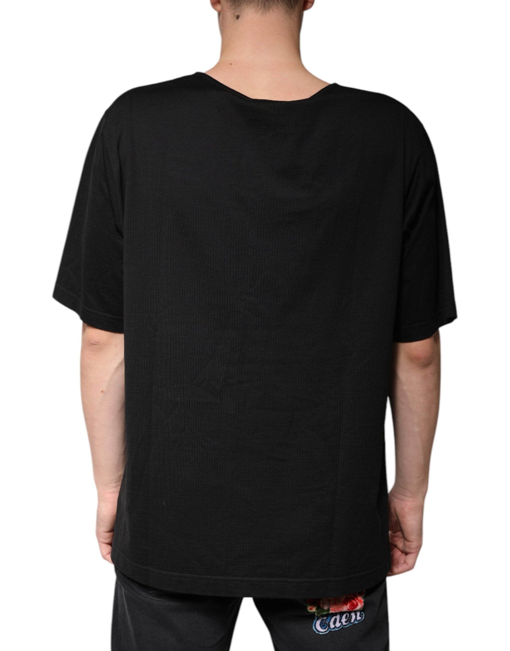 Schwarzes T-Shirt aus Baumwolle mit V-Ausschnitt und kurzen Ärmeln