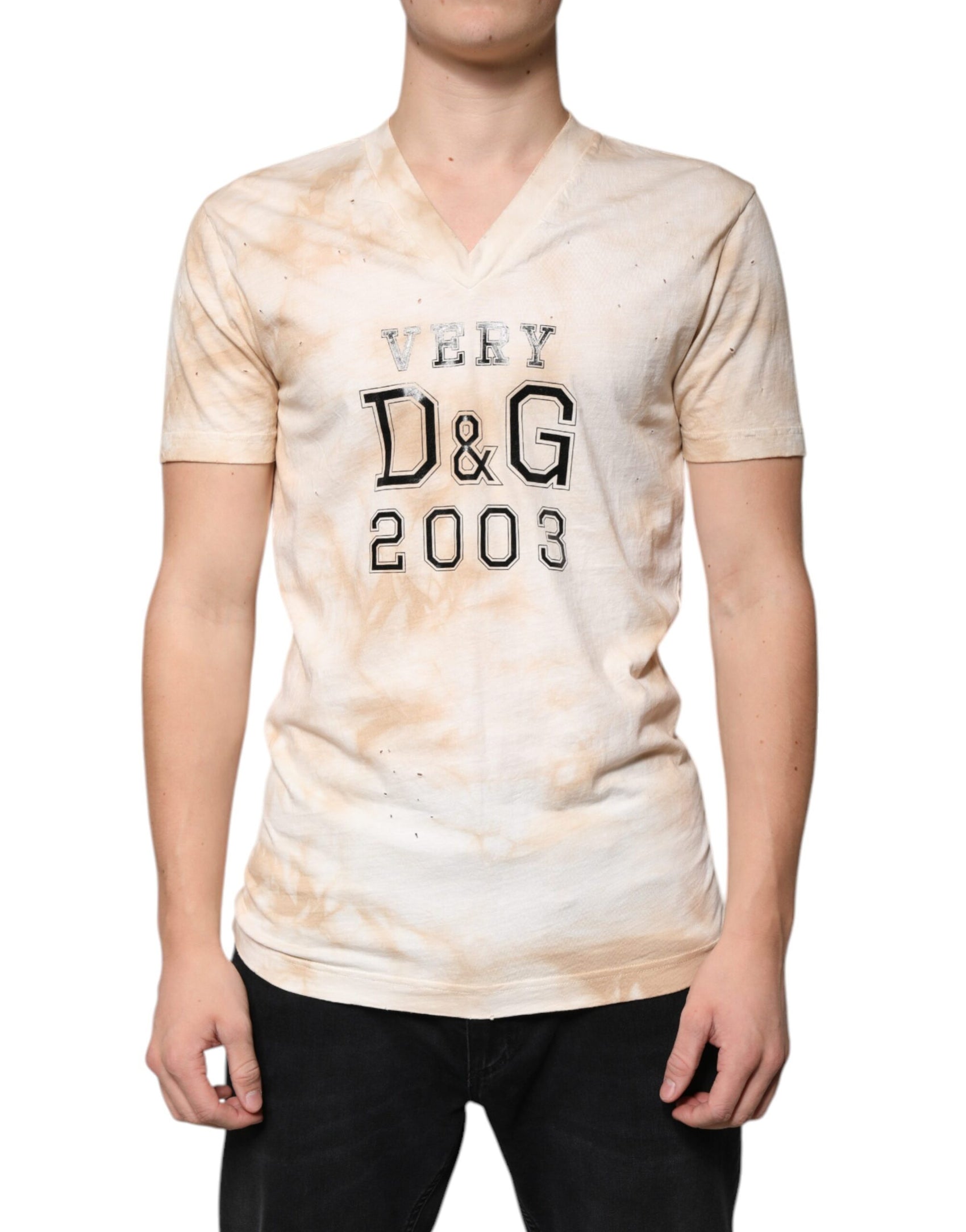 Beiges Baumwoll-T-Shirt mit V-Ausschnitt und grafischem Print