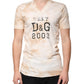 Beiges Baumwoll-T-Shirt mit V-Ausschnitt und grafischem Print