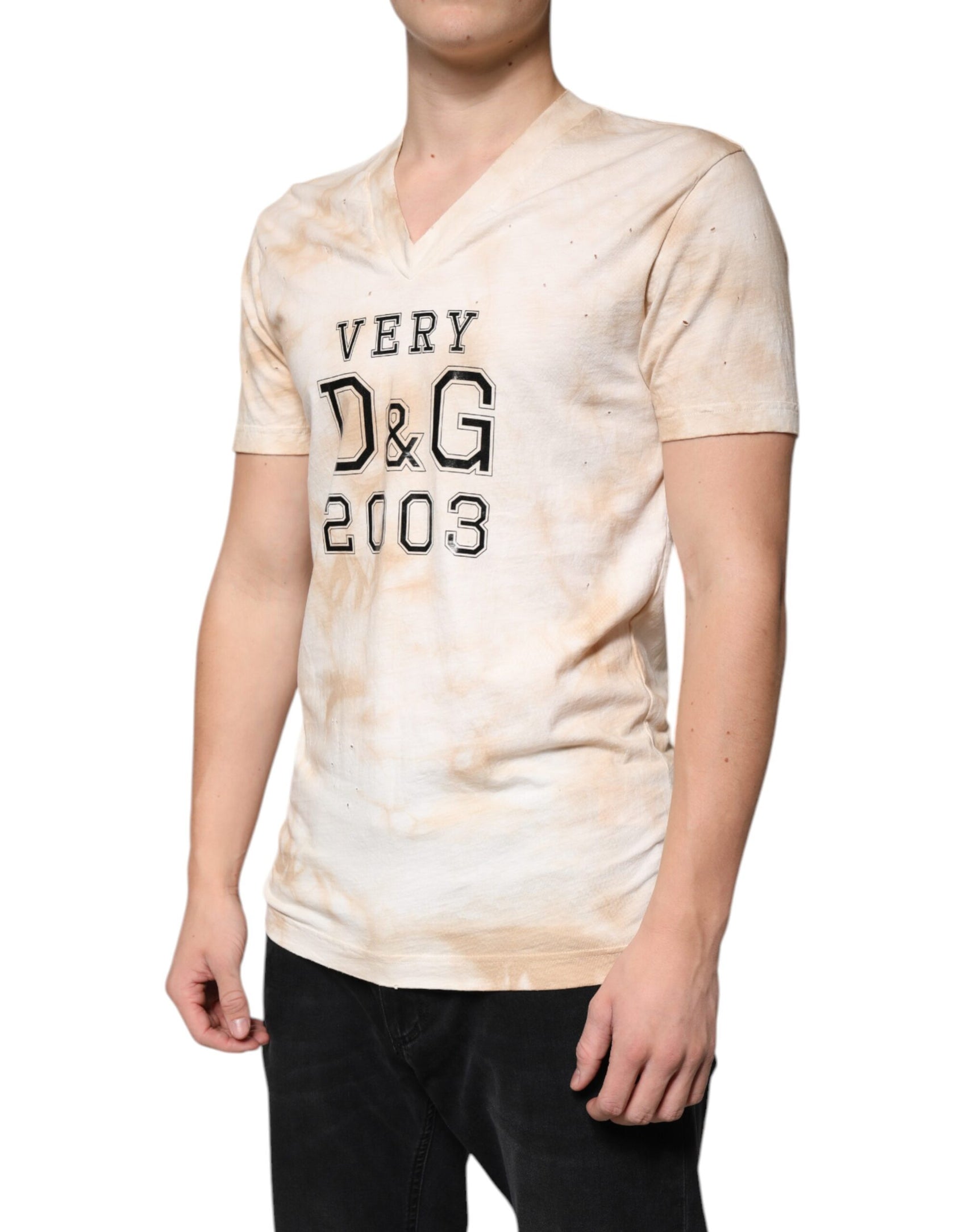 Beiges Baumwoll-T-Shirt mit V-Ausschnitt und grafischem Print