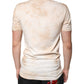 Beiges Baumwoll-T-Shirt mit V-Ausschnitt und grafischem Print