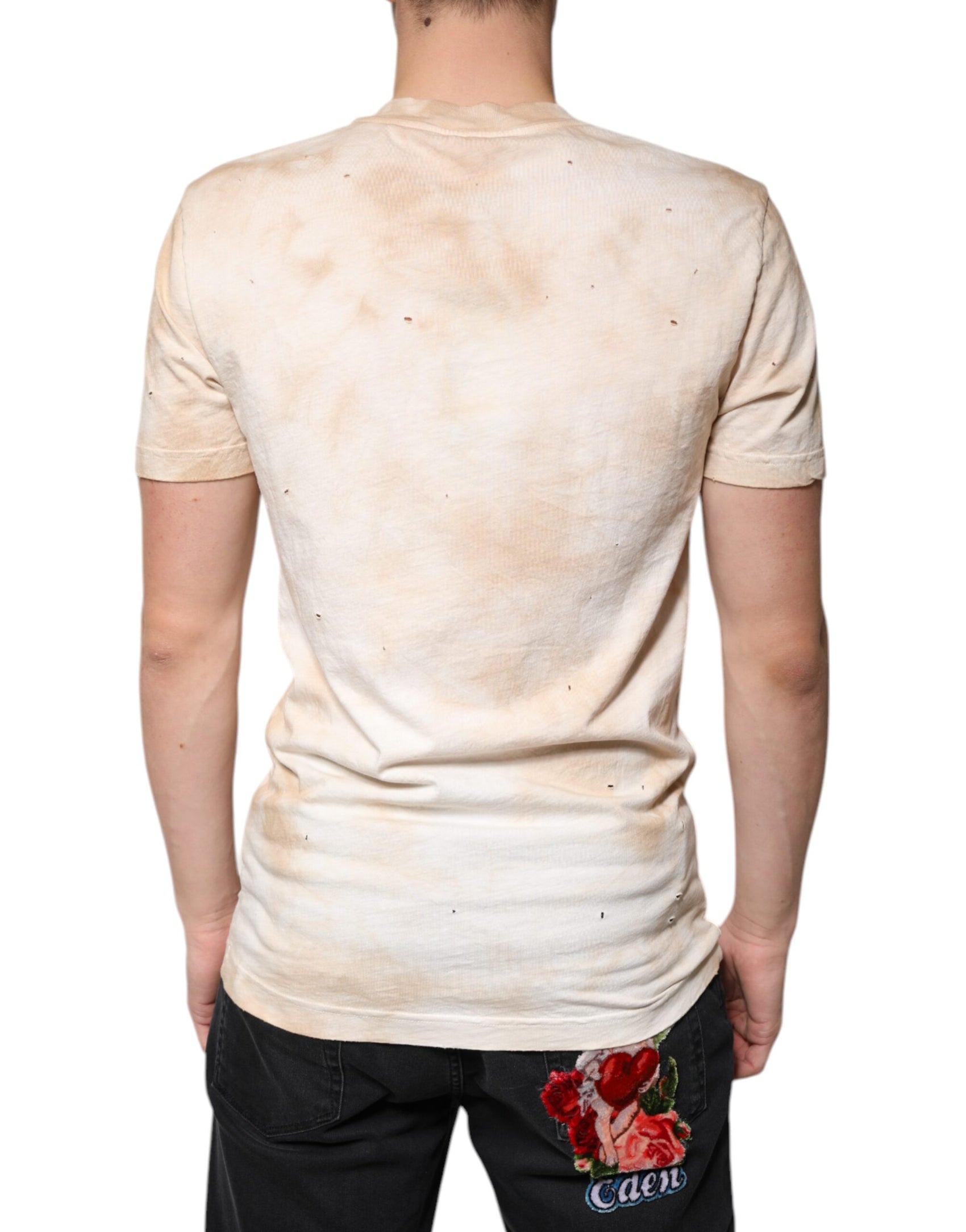 Beiges Baumwoll-T-Shirt mit V-Ausschnitt und grafischem Print