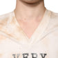 Beiges Baumwoll-T-Shirt mit V-Ausschnitt und grafischem Print