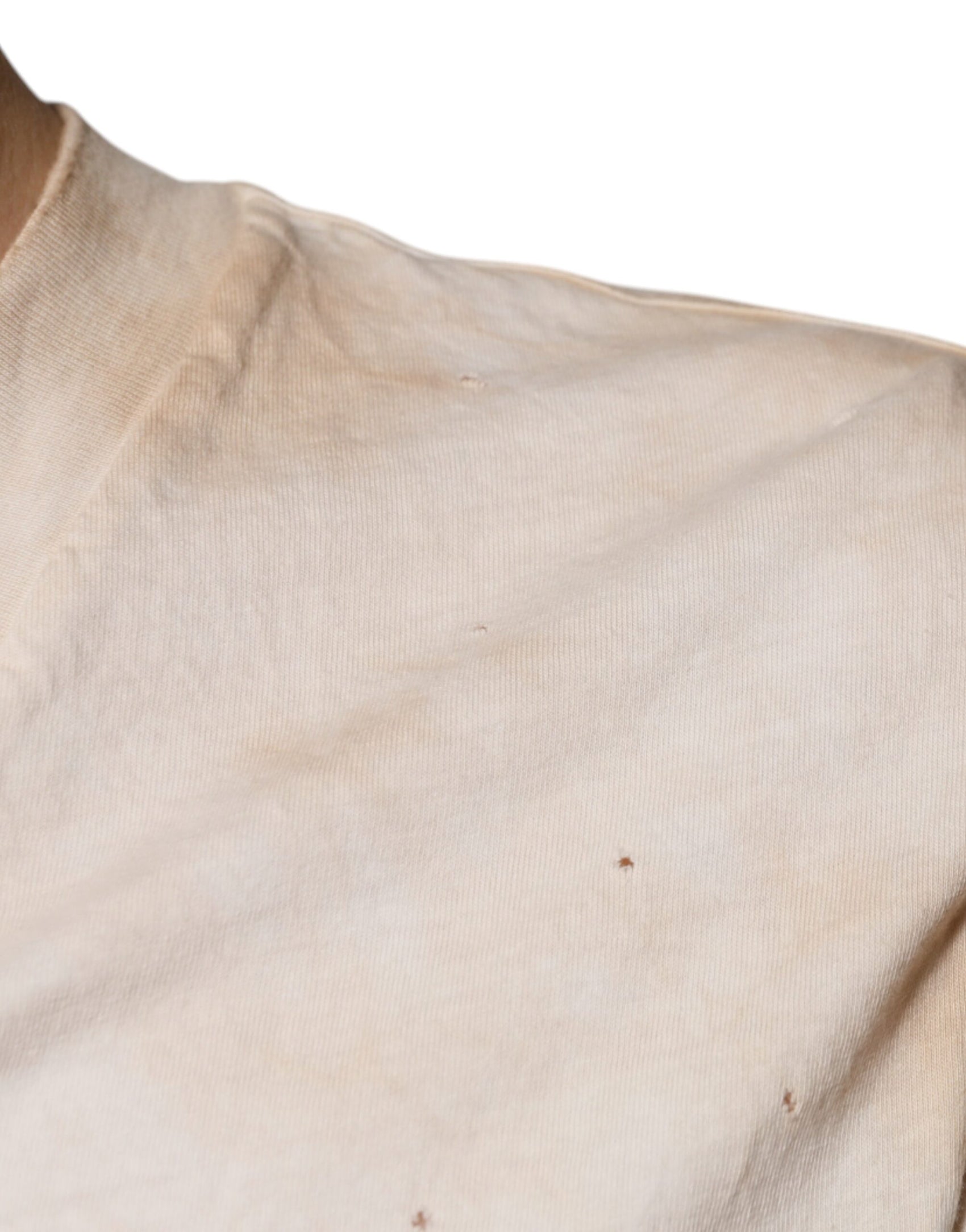 Beiges Baumwoll-T-Shirt mit V-Ausschnitt und grafischem Print