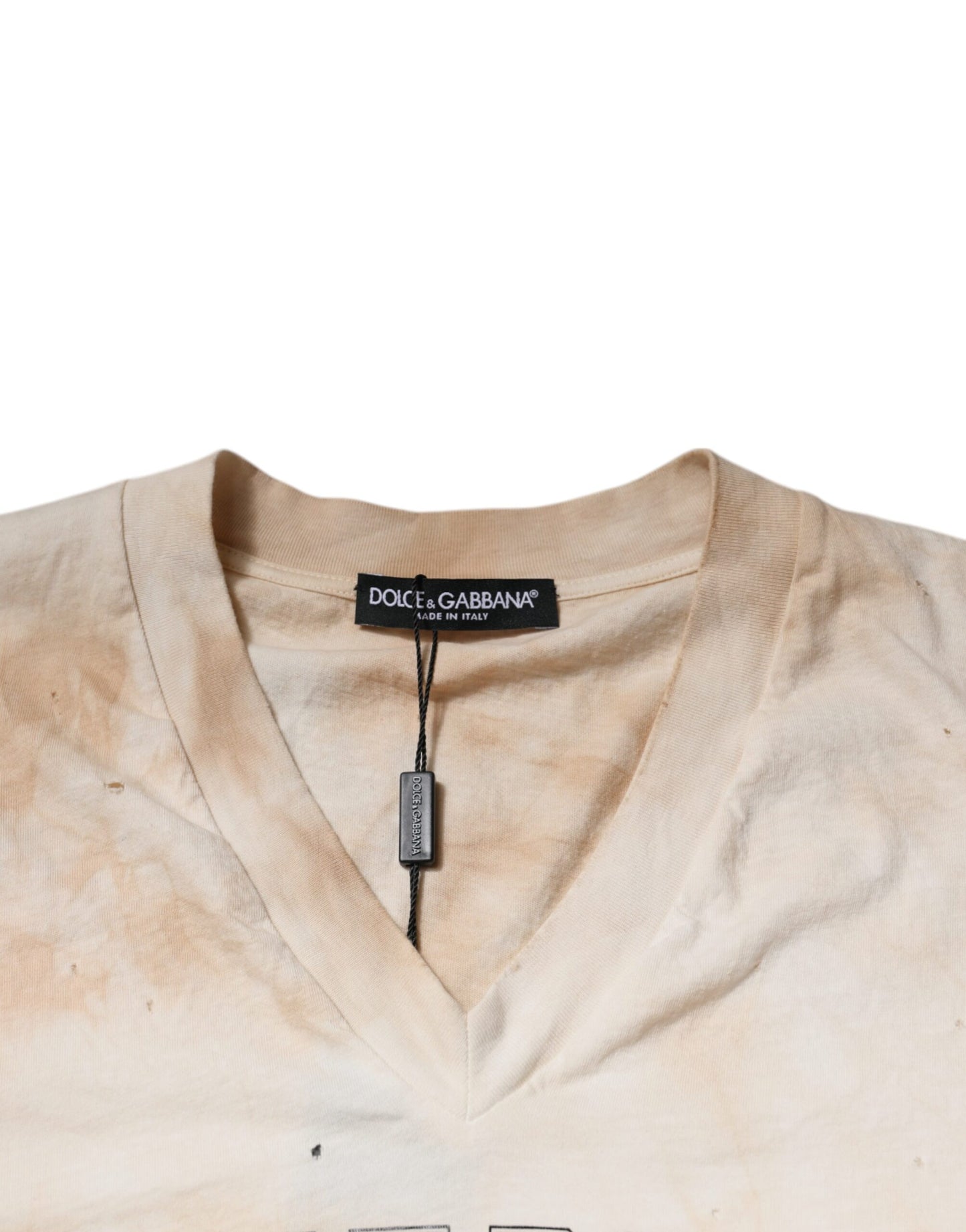 Beiges Baumwoll-T-Shirt mit V-Ausschnitt und grafischem Print