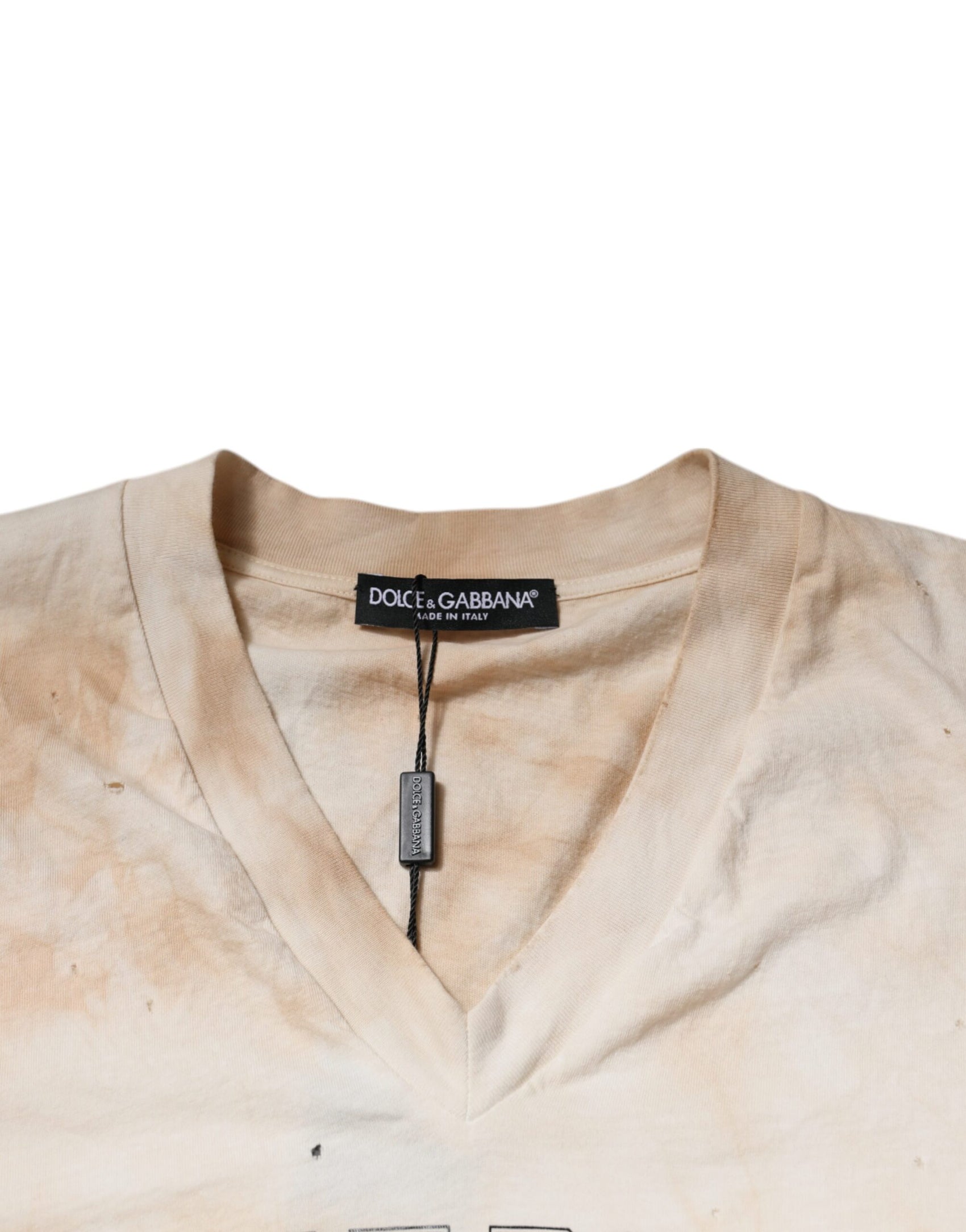 Beiges Baumwoll-T-Shirt mit V-Ausschnitt und grafischem Print