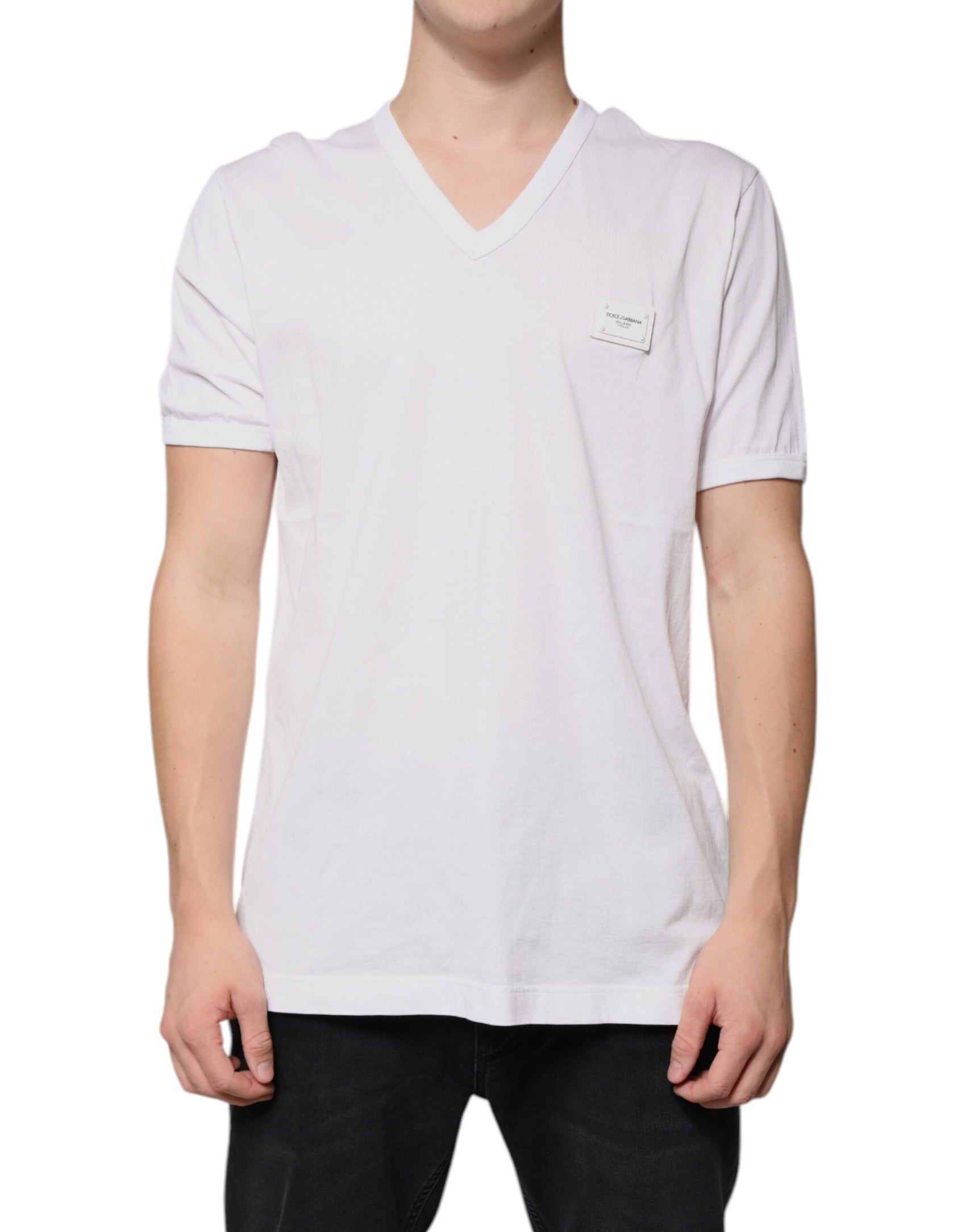 Weißes Kurzarm-T-Shirt mit V-Ausschnitt und Logo
