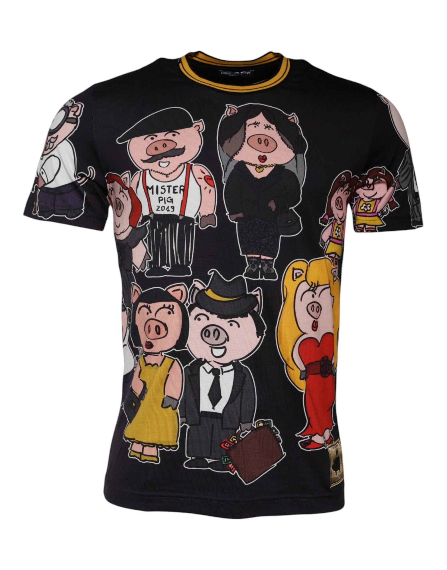 Schwarzes T-Shirt mit Rundhalsausschnitt zum Jahr des Schweins 2019