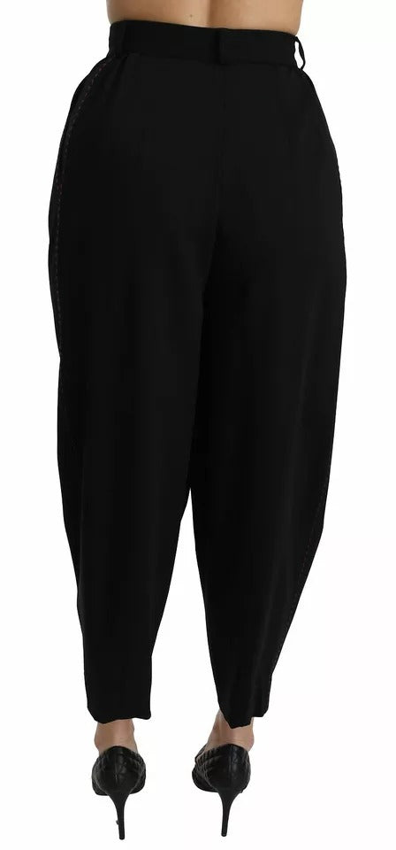 Schwarze, verkürzte Hose aus Wolle mit hoher Taille und Bundfalten vorne