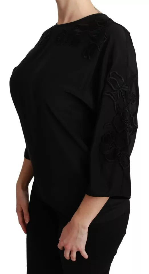 Top in seta con camicetta ricamata floreale nera