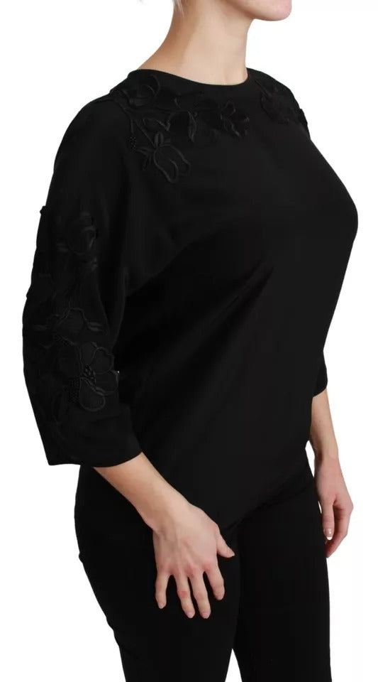 Top in seta con camicetta ricamata floreale nera