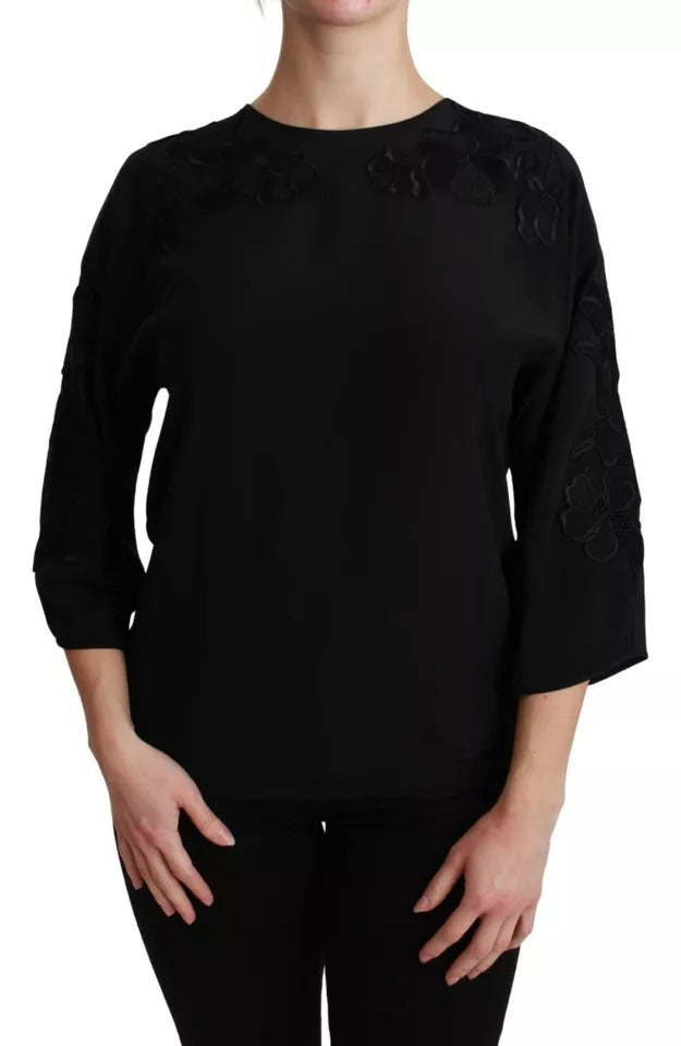 Top in seta con camicetta ricamata floreale nera