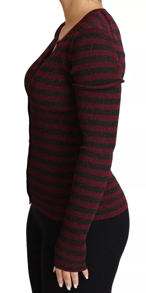 Maglione cardigan da donna a righe nere e rosse