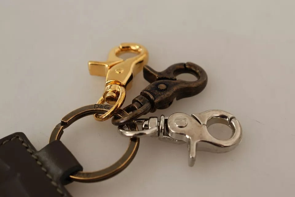 Portachiavi con gancio ad anello in metallo con logo D&amp;G in pelle verde