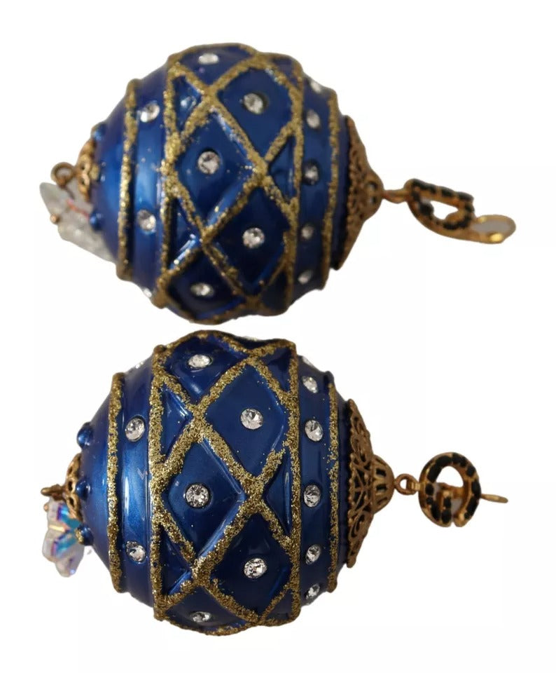 Orecchini con gancio in cristallo a forma di palla di Natale blu in ottone dorato