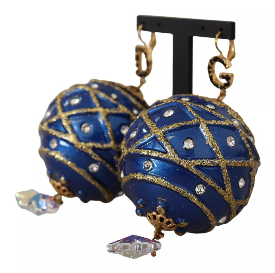 Orecchini con gancio in cristallo a forma di palla di Natale blu in ottone dorato