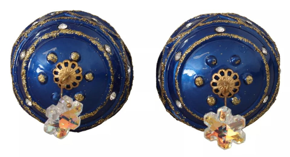 Orecchini con gancio in cristallo a forma di palla di Natale blu in ottone dorato
