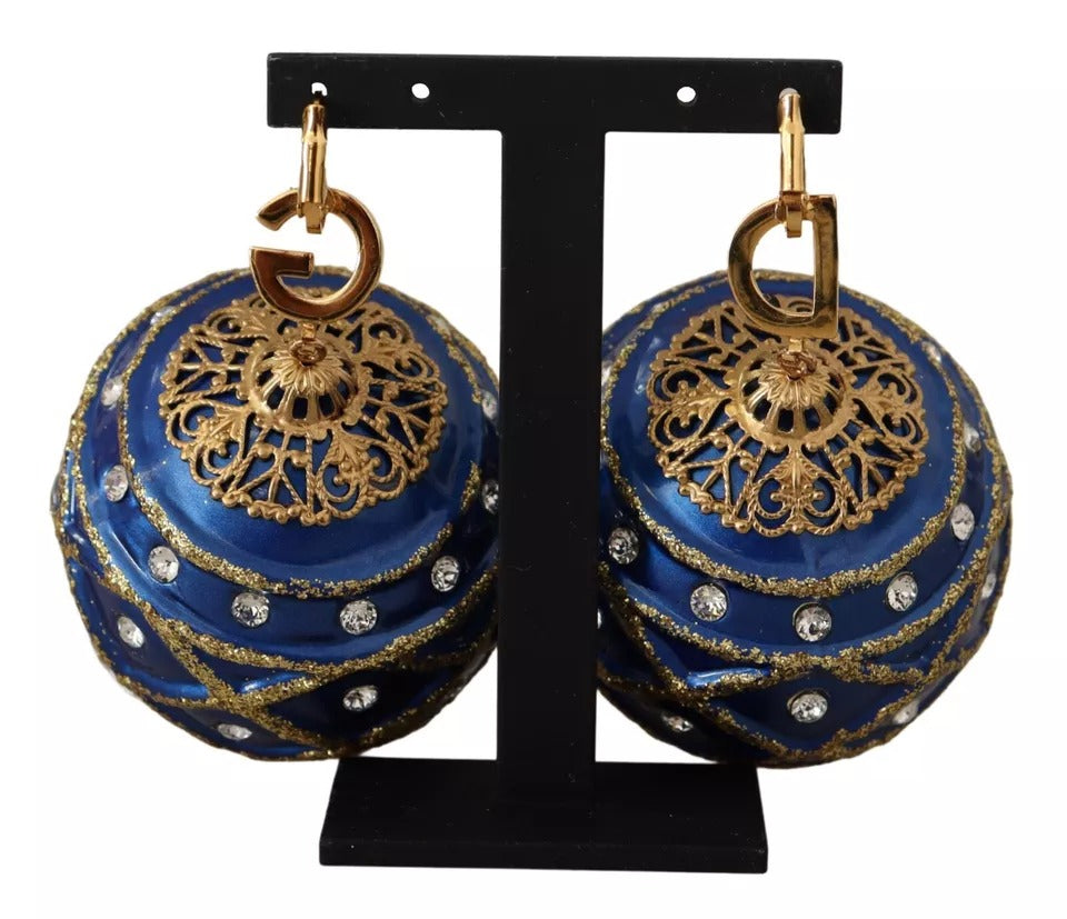 Orecchini con gancio in cristallo a forma di palla di Natale blu in ottone dorato