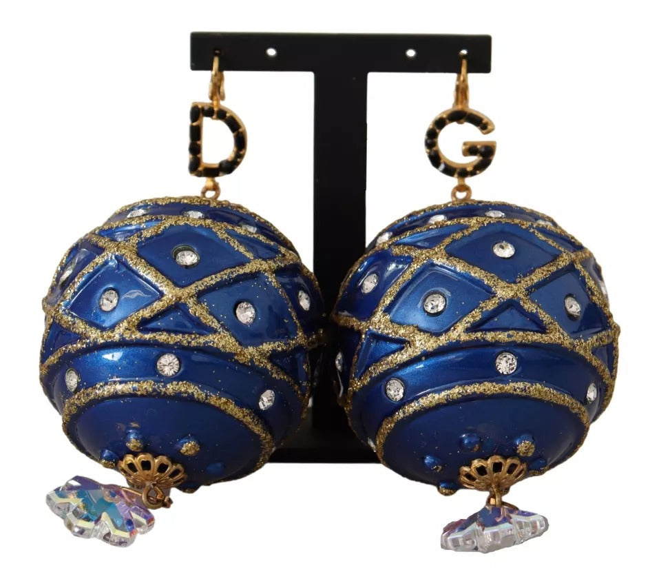 Orecchini con gancio in cristallo a forma di palla di Natale blu in ottone dorato