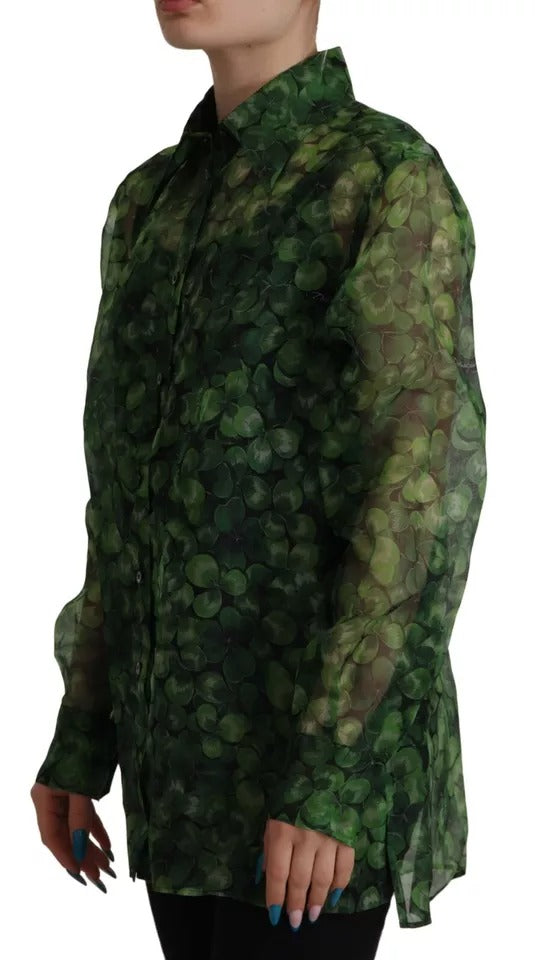 Camicetta con colletto e maniche lunghe con stampa trifoglio verde