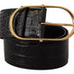 Black Wide Embossed Leather Gold Metal Buckle Belt