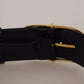 Black Wide Embossed Leather Gold Metal Buckle Belt