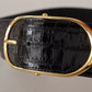 Black Wide Embossed Leather Gold Metal Buckle Belt