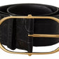 Black Wide Embossed Leather Gold Metal Buckle Belt