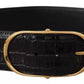 Black Wide Embossed Leather Gold Metal Buckle Belt